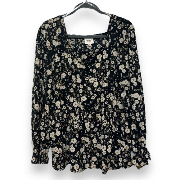 Hayden 1X Plus Floral Peplum Ruffle Blouse Square Neck Top Long Sleeve - Picture 1 of 5